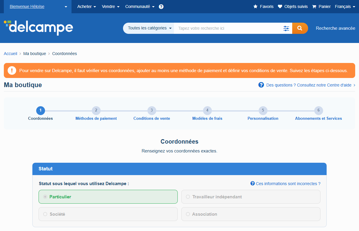 Configuration Boutique Etape 1 Coordonnees