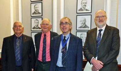 Dr Andrew Telfer Brunton FRPSL, Bob Medland FRPSL, Simon Richards FRPSL, President of the Royal Philatelic Society London, and Dr Ian Pinwill FRPSL.