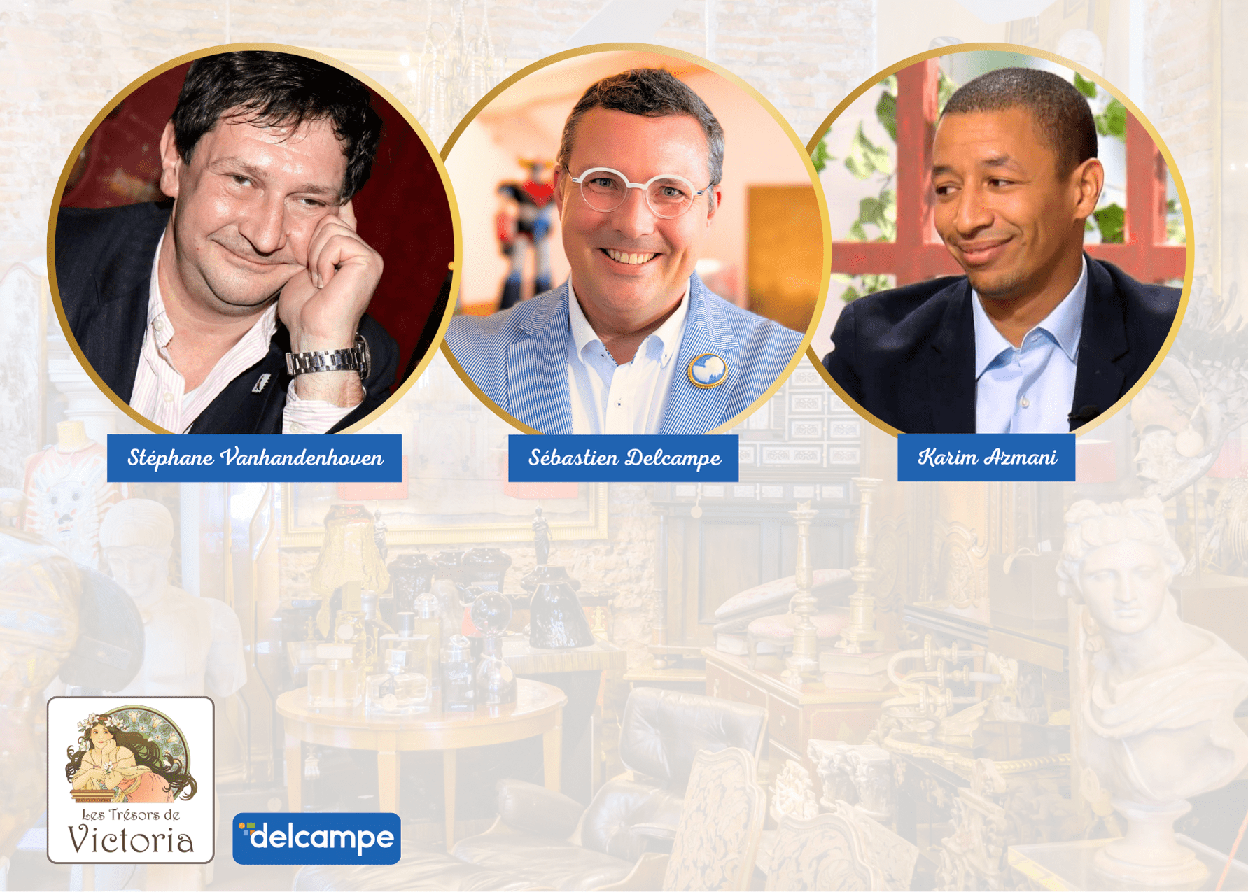 Carte Temploux avec Sébastien Delcampe, Stéphane Vanhandenhoven et Karim Amzani. Logos Delcampe et Les Trésors de Victoria